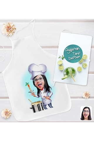 Bk Gift Kişiye Özel Karikatürlü Aşçı Anne Tasarımlı Mutfak Önlüğü Ve Yemek Tarif Defteri Hediye Seti-4, Anneye Hediye, Anneler Günü Hediyeleri