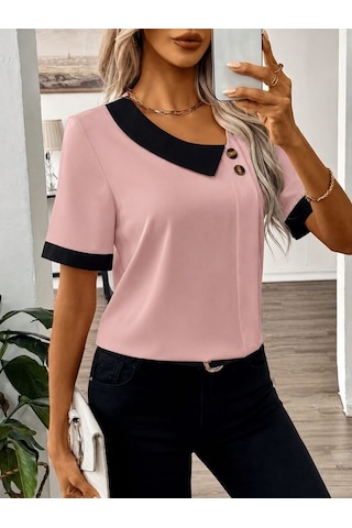 Gizers Giyim Kadın Kısa Kollu Asımetrik Yaka Detaylı Düğmeli Dubai Bluz Pembe