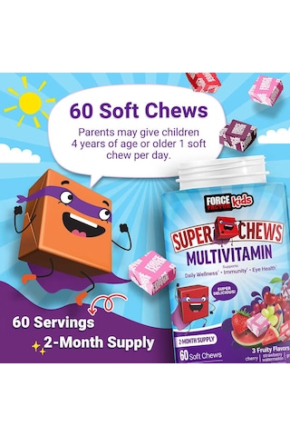 Force Factor Kids Super Chews Multivitamin Cherry Strawberry Watermelon Grape 60 Soft Chews