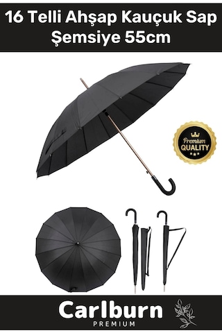 Otomatik Mekanizma Baston Tip Rüzgar Korumalı Fiber 16 Telli Ahşap Kauçuk Sap Şemsiye 55cm Çok Renkli