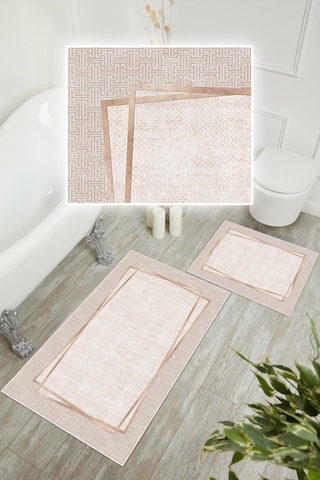 Dijital Baskı Çerçeveli Kaymaz Taban 2li Set Banyo Paspası Klozet Takımı 50x60cm-60x100cm Bej