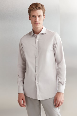 Grimelange Carlsten Erkek Slim Fit Italyan Yaka %100 Pamuk Poplin Açık Gri Gömlek