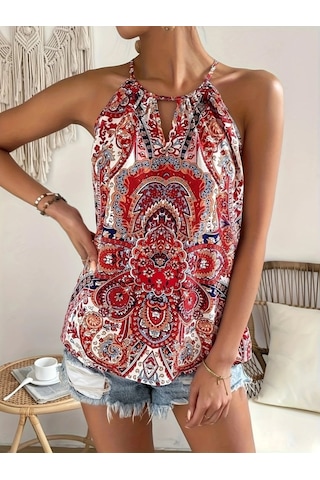 Simala Kadın Halter Kollu Damla Detaylı Desenli Süprem Bluz Kırmızı