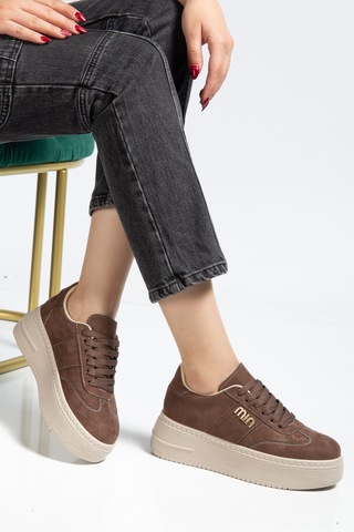 Bahrina Kadın Beyaz Cilt Kalın Taban Tokalı Sneaker Kahverengi