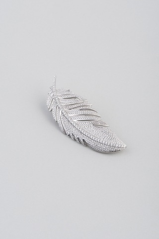 Baykuş Tüyü 18 Ayar Beyaz Altın Kaplama Gümüş Broş Beyaz