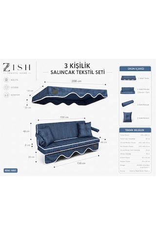 Altaleno 3 Kişilik 150 48 Cm Süngerli Bahçe Balkon Salıncak Minderi Yıkanabilir Kılıflı, Tenteli Keten Kumaş Tekstil Seti 24 Dns 8 Cm Orta Sert Sünger Mavi