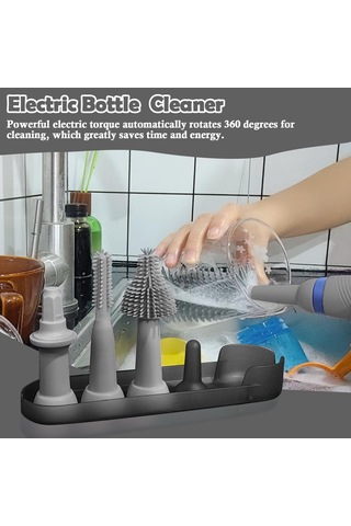 Jeehugo Otomatik Silikon Biberon Fırçası Seti Gri - 7 Parça, 2 Hızlı Temizleme, Ipx65 Su Geçirmez, Yeniden Şarj Edilebilir Pil