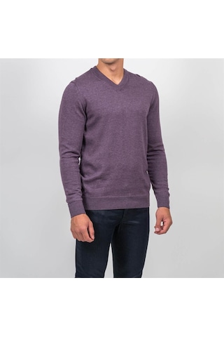 Erkek V Yaka Triko Slim Fit Pamuklu Kazak Ncs Jeans 3002-Mürdüm Melanj