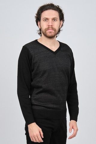 Çizgi Triko Erkek Çizgili V Yaka Kazak 42574225 Siyah Siyah