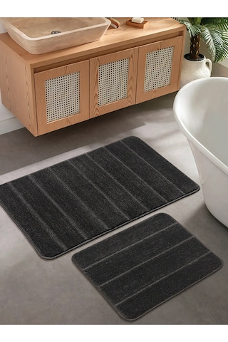 Doğal Kaymaz Taban Banyo Paspas Set Yumuşak Dokulu Su Emici Yıkanabilir Yeni Çizgili Set 50x80-50x40 Antrasit