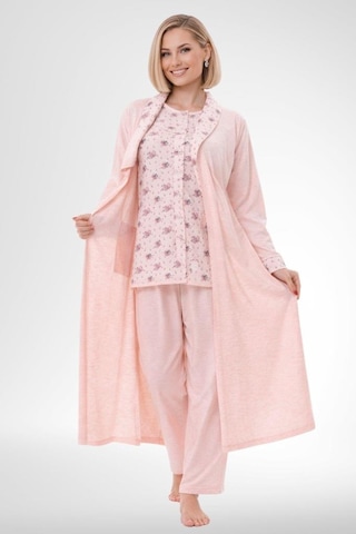 Mecit Pijama Mecit 6321 Pudra Büyük Beden Kadın Sabahlık Pijama Gecelik Set