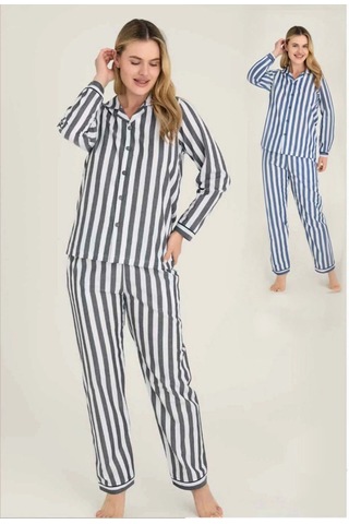 Kocabey 4007 Kadın Uzun Kol Çizgili Gaffuriye Pijama Takımı Mavi