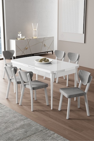 Canisa Exve Serisi 80x132 Açılabilir Beyaz Masa Takımı Ve 6 Gri Sandalye Masa Beyaz Sandalyeler Gri