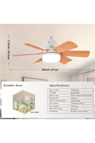 Xuweiwei 1 Adet Ahşap Tahıl Desenli Abs Kanatlı Led Akıllı Tavan Vantilatörü Uzaktan Kumandalı E26 E27 Tabanlı 5 Kanat Soğuk Sıcak Işık Modları