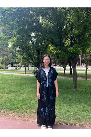 Mavi Denizci Desenli Siyah Salaş Kimono Kaftan Standart Mavi