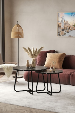 Üsküp Orta Sehpa Takımı Siyah Metal - Siyah Mermer Tabla