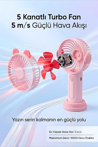 Şarjlı Taşınabilir Sevimli Kulak Tasarımlı Mini Fan 3 Kademeli Hız Telefon Standlı Vantilatör Pembe