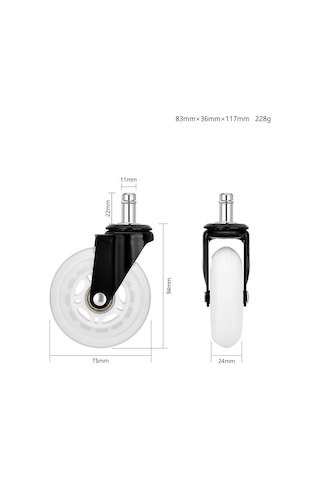 S-wheels Motion Silikon Oyuncu Koltuğu Tekeri 75mm - Beyaz Ofis Koltuk Tekeri Ultra Sessiz Sandalye Tekeri Beyaz