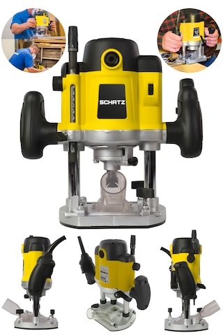 Schatz 1400 Watt Profesyonel Elektrikli Devir Ayarlı Çift Kollu Formika Freze Traşlama Makinesi 8mm Pens Sarı