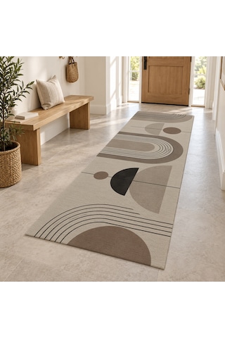 Kartela Halı Sakin Kemerler Bej Antrasit Koridor Mutfak Yolluk Halısı Kaymaz Taban 80x240 Cm