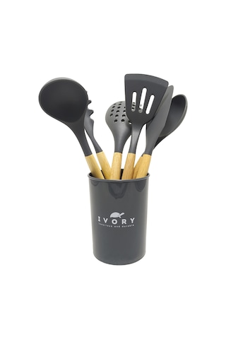 Ivory Doğal Bambu Saplı %100 Silikon Mutfak Seti 6 Parça Gri