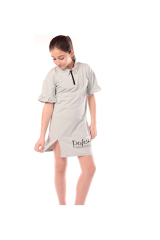 Toontoy Kız Çocuk Baskılı Regular Fit Gömlek Yaka Fermuarlı Kısa Kollu Elbise - Yırtmaç Detaylı & Gri