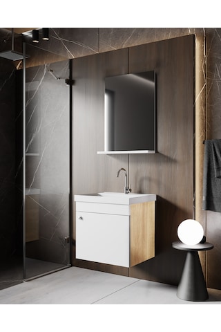 Karen Banyo Milano 50 Cm Lavabolu Banyo Dolabı,lavabo Dahil, Ayna Dahil,sonomo Meşe Beyaz