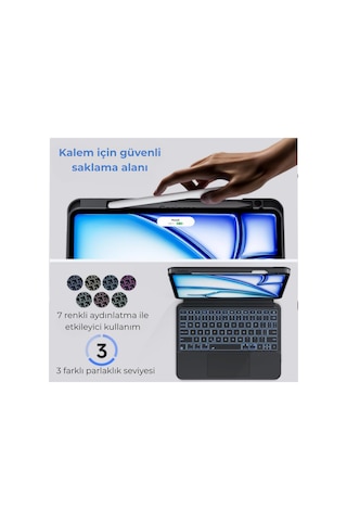 İpad 10.9" 10. Nesil İle Uyumlu 360 Dönebilen Standlı Işıklı Risser Türkçe Q Klavyeli Tablet Kılıfı