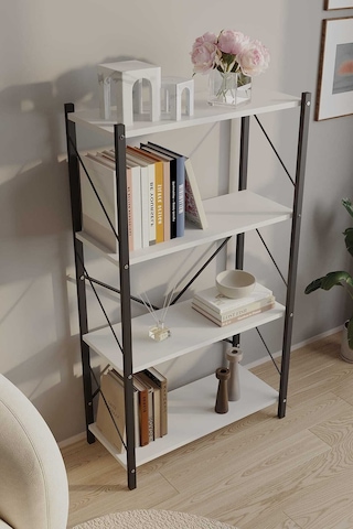 Dört Katli Çok Amaçli Rafli Kitaplik Syah Profil Beyaz Sunta 60x24x115 Cm Mtl017 Siyah-beyaz