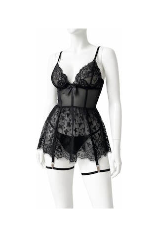 Albonishop Romantik Gül Desenli Siyah Tül Babydoll Gecelik Ve Dantel Detaylı Jartiyer Set Çok Renkli