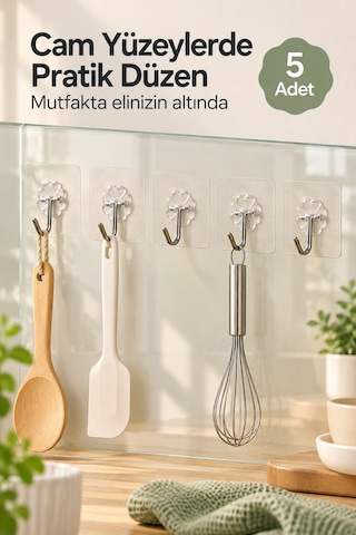 Kendinden Yapışkanlı Şeffaf Askı Kanca 5 Adet Delmeden Montaj