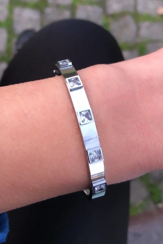 Gümüş Renk Baget Taşlı Çelik Kelepçe Gümüş