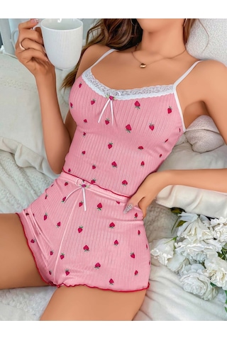 Jhena Beyaz Dantel Detaylı Desenli Kadın Penye Gecelik, Kadın Kaliteli Ev Giyim Pijama Pudra - Pembe