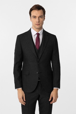 Süvari Siyah Slim Fit Desenli Sivri Yaka 6 Drop Yelekli Klasik Takım Elbise Siyah