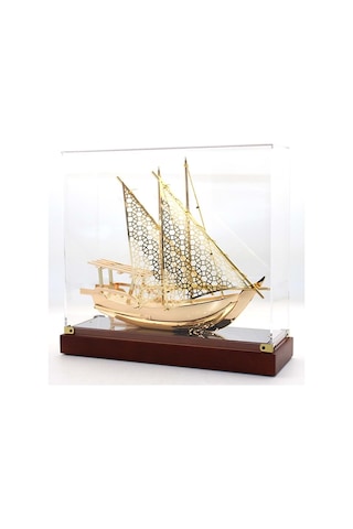 Pirinç Yelkenli Gemi Altın Kaplama Katar Dhow Teknesi Kutulu 29cm No.1