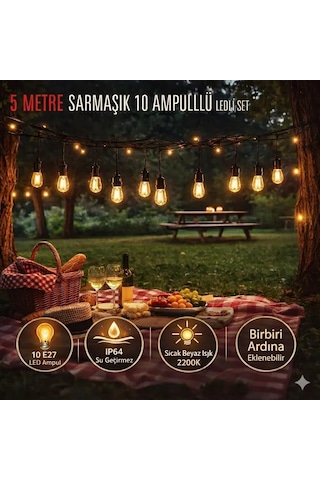Sarmaşık 10 Ampullü Led Cata Dış Mekan Aydınlatma Seti - 5 Metre Ip44 Suya Dayanıklı - 3200k Gün Işığı E27