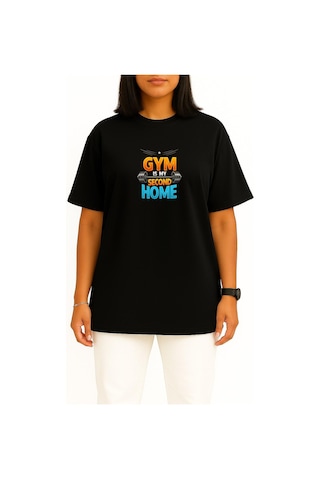 Bahriyeli Collection Oversize Gym Benim İkinci Evim Göğüs Baskılı Unisex T-shirt Siyah