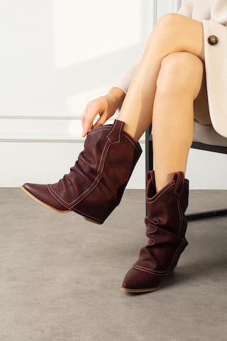 Shoetek Livinya Kadın Kovboy Bot Körüklü Bordo Mat Deri Bordo