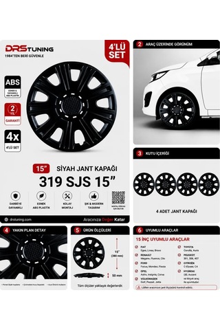 Alfa Romeo Uyumlu 15 Inç Kırılmaz Parlak Siyah Jant Kapağı 1 Takım 4 Adet No:319
