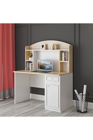 Country Çalışma Masası Kitaplıklı Tamamı Mdflam Beyaz - Çam