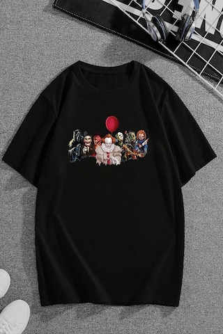 Korku Karakterleri Baskılı Unisex Oversize Tshirt Siyah