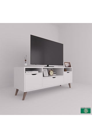 Tv Sehpası Geniş Çekmeceli Raflı Beyaz