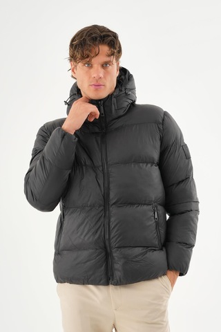 Erkek Kapüşonlu Fermuarlı Cepli Kışlık Şişme Kısa Mont Siyah