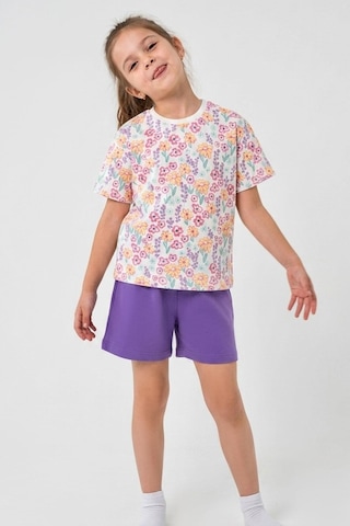 Breeze Kız Çocuk Şortlu Pijama Takımı Renkli Çiçek Desenli 4-8 Yaş, Beyaz