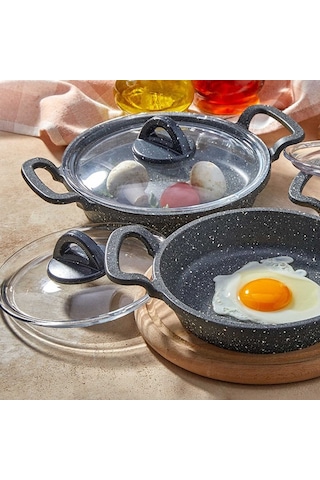 Eda Cookware Asya 3'lü Sahan Seti Cam Kapaklı Döküm Gri  Yuvarlak