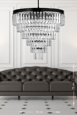 Linsa 55 Cm'lik Kristal Cam Taşlı Lüks Avize - Mat Siyah Siyah