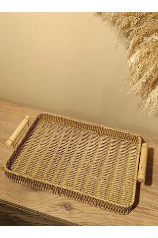 Hasır Rattan Sunum Tepsi Bambu Kulplu Orta Boy Dikdörtgen Diğer