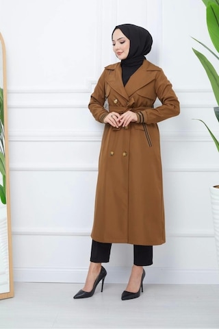 Bondit Kumaş Ribanalı Uzun Boy Trençkot / Kahverengi - M0110 Kahverengi