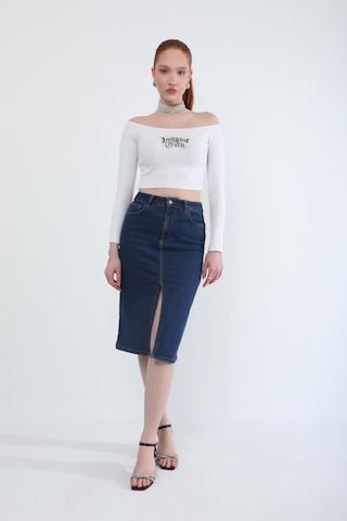 Banny Jeans Önden Yırtmaçlı Likralı Midi Jean Etek Koyu Mavi