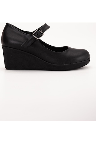 Baretli Suni Deri Siyah Kadın Dolgu Taban Ayakkabı-3101-siyah